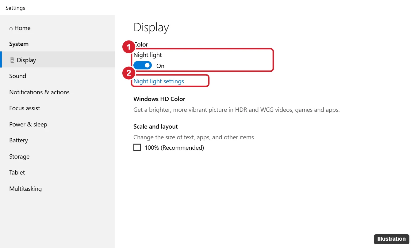 How to Turn Off Blue Light (Night Light) on Windows 10 1 Windows 10 Display settings with the Night light toggle and the Night light settings link highlighted