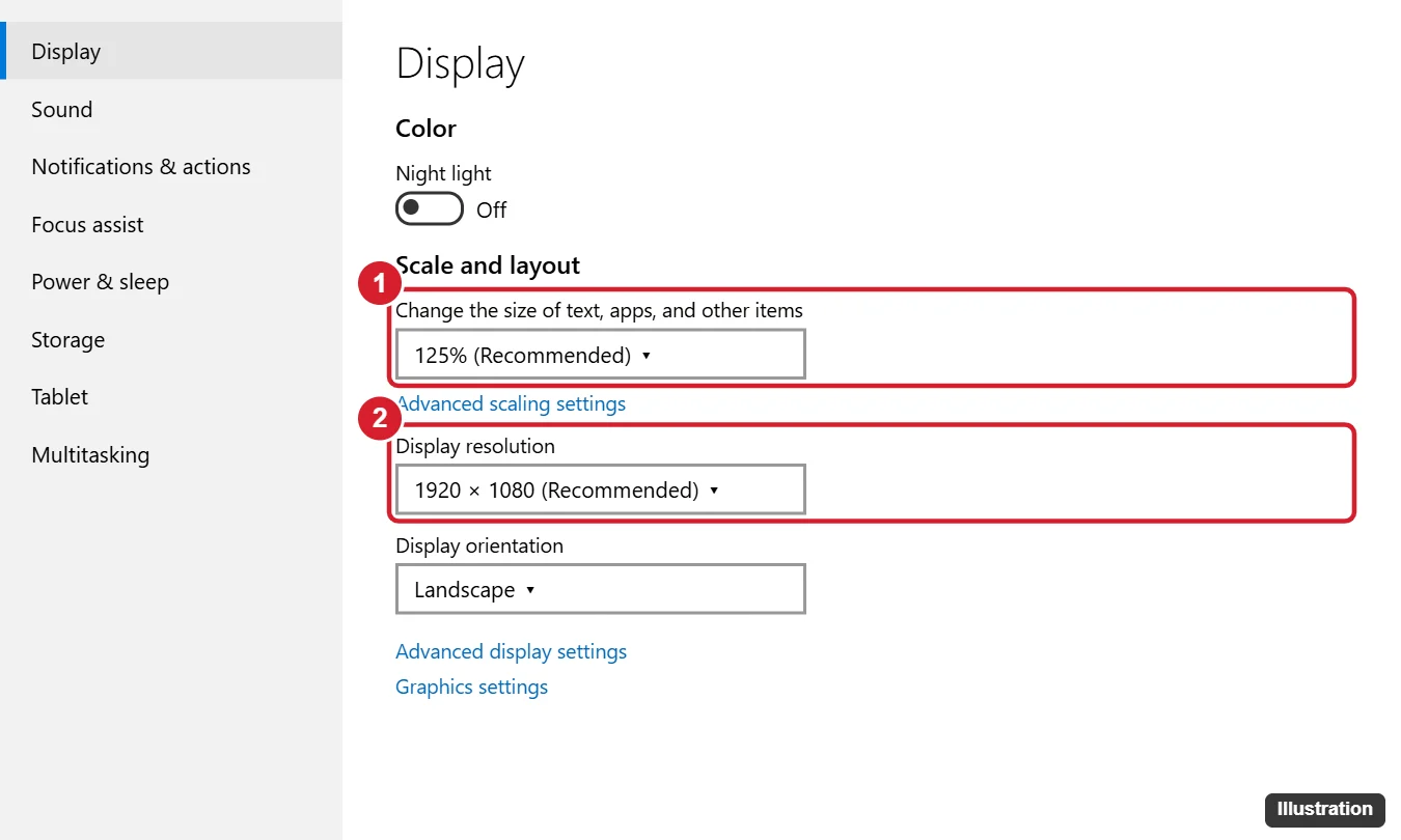 Windows 10 Display settings with the scale and display resolution set to their Recommended values highlighted