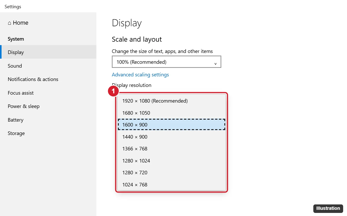 How to Change Screen Resolution in Windows 10 Using the Keyboard 1 Windows 10 Display settings with the Display resolution drop-down open and a lower resolution selected with the keyboard focus outline