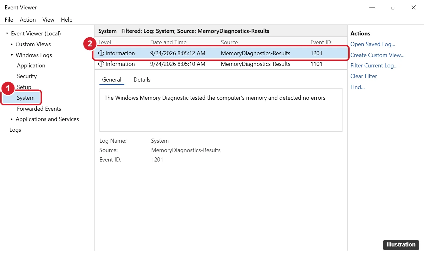 How to Check Memory Diagnostic Results in Windows 10 1 Windows Event Viewer with System log selected and a MemoryDiagnostics-Results event highlighted with its details