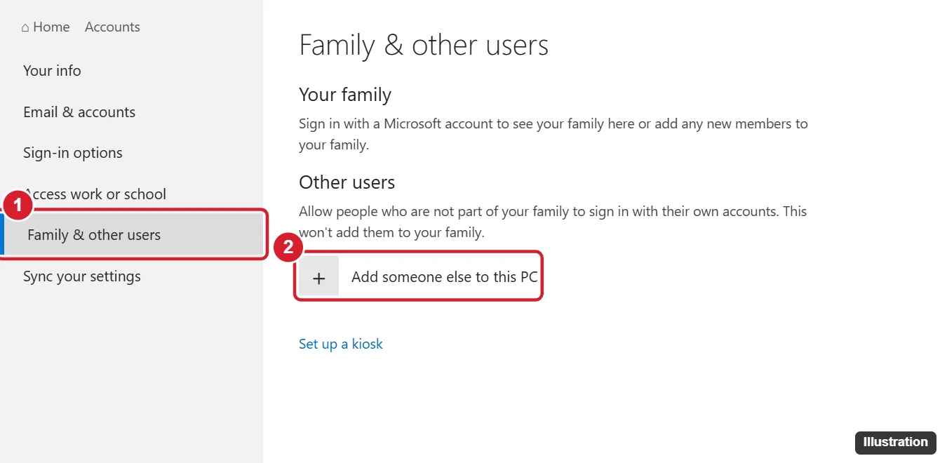 How to Create a New User on Windows 10 (Local or Microsoft Account) 1 Windows 10 Settings Family and other users page with Add someone else to this PC highlighted
