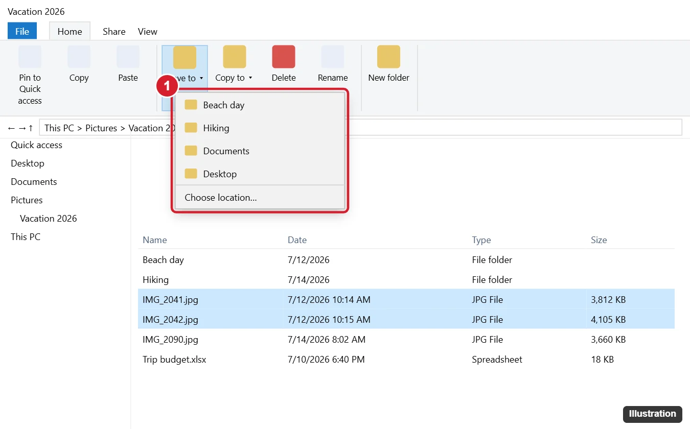 How to Move Files Around in a Folder in Windows 10 1 Windows 10 File Explorer Home tab with two files selected and the Move to menu open listing folders and Choose location, highlighted
