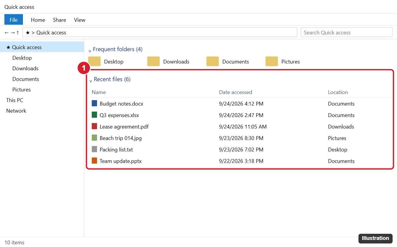 Windows 10 File Explorer Quick access view with the Recent files list highlighted, showing file names, dates and locations