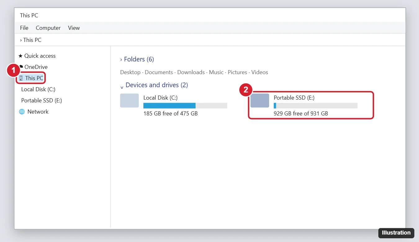 Windows 10 File Explorer This PC view with a portable SSD drive listed under Devices and drives and highlighted