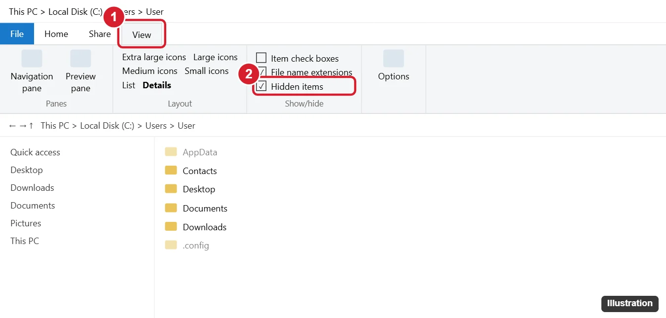 How to See Hidden Files on Windows 10 (4 Ways) 1 Windows 10 File Explorer View tab with the Hidden items checkbox highlighted