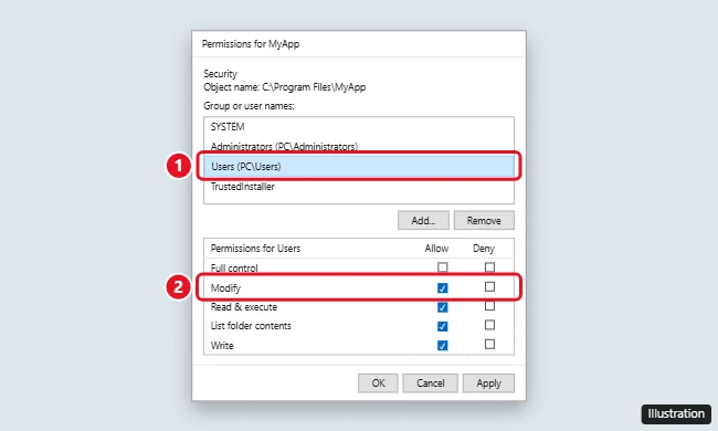 How to Let a Standard User Run a Program Without Admin Rights on Windows 10 1 Windows 10 folder Permissions dialog with the Users group selected and Modify set to Allow