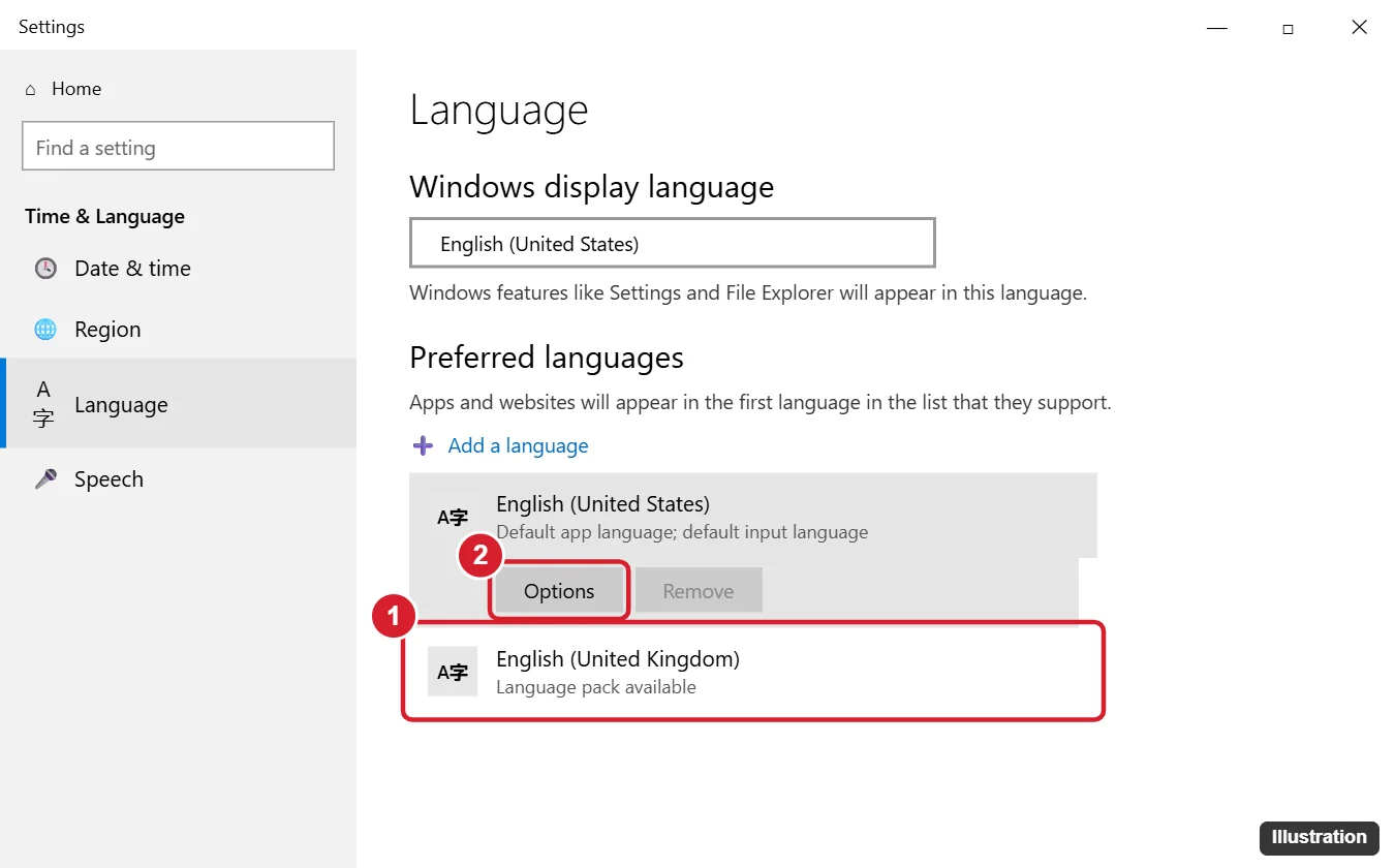 How to Change Keyboard Settings Back to Normal in Windows 10 1 Windows 10 Language settings showing preferred languages with an extra language and the Options button highlighted