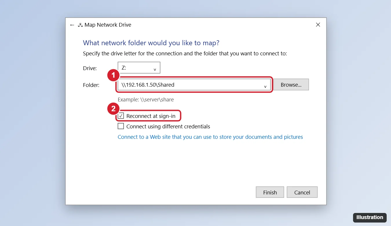 How to Connect to an SMB Share in Windows 10 (Map a Network Drive) 1 Windows Map Network Drive dialog with a network share path in the Folder box and Reconnect at sign-in highlighted