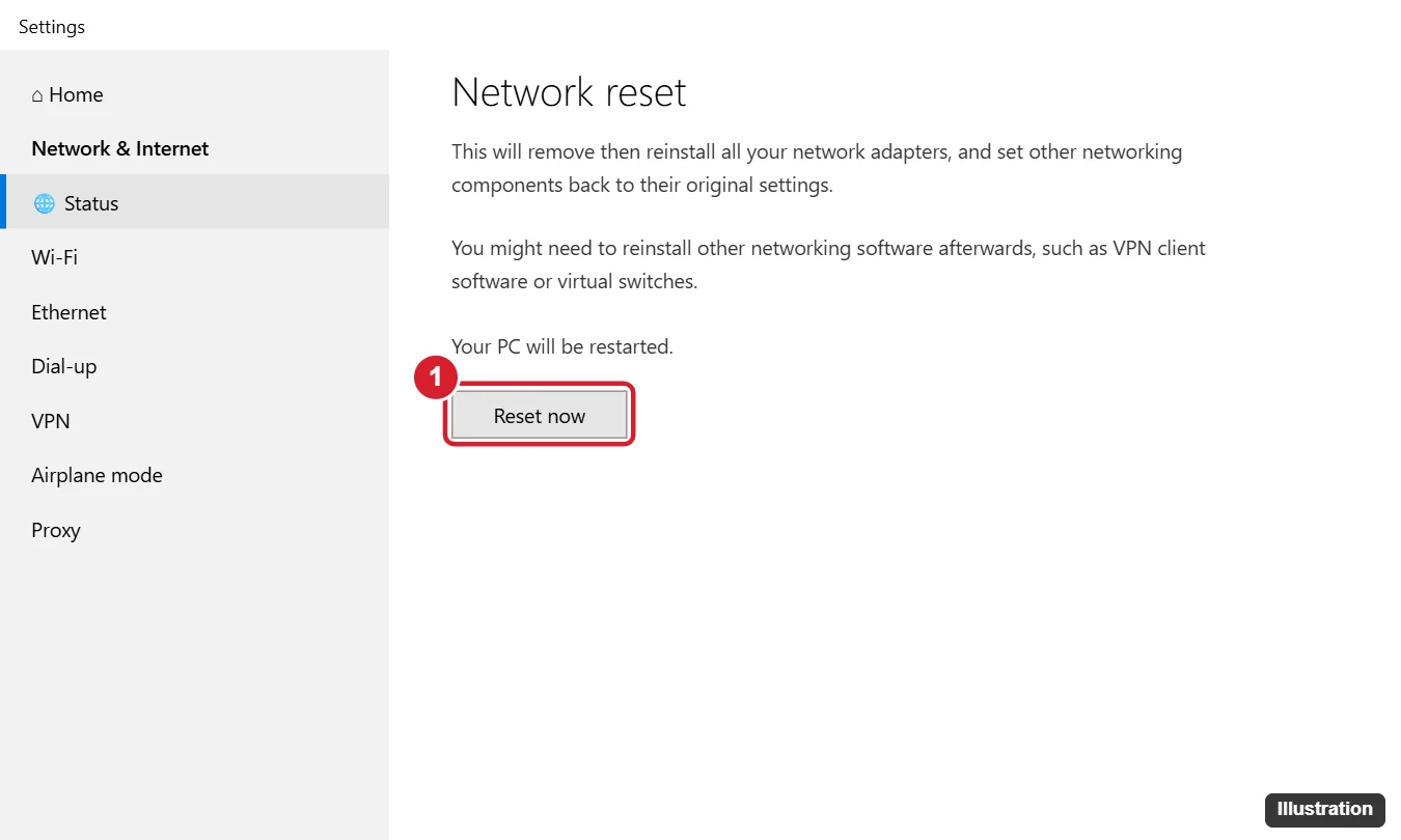How to Reset a Network Adapter in Windows 10 1 Windows 10 Network and Internet Status page with the Network reset link and the Network reset confirmation page with Reset now highlighted