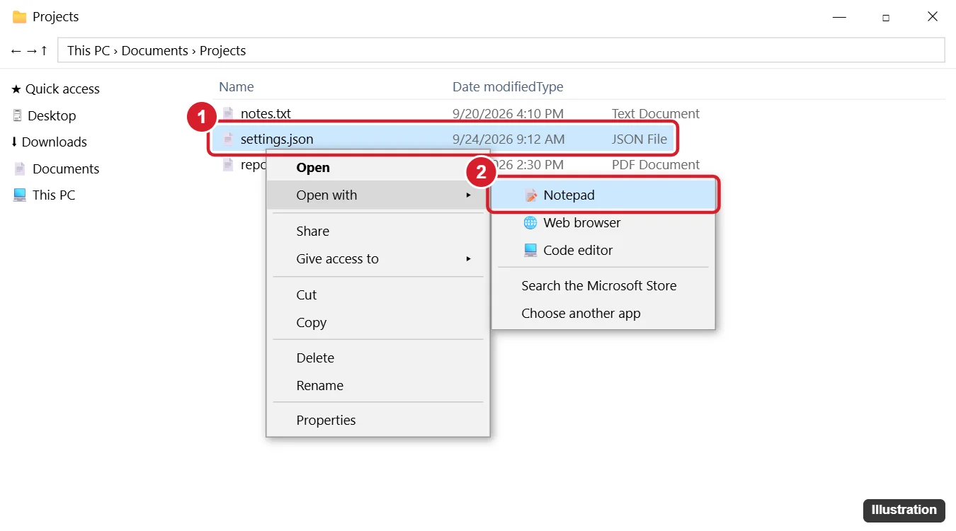 How to Open a JSON File in Windows 10 (4 Easy Ways) 1 Windows 10 File Explorer with a JSON file right-clicked and Open with Notepad highlighted