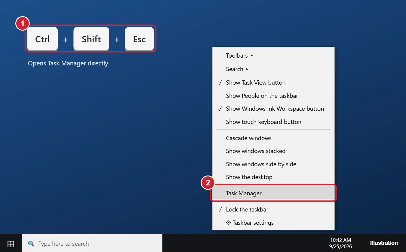 Windows 10 taskbar right-click menu with Task Manager highlighted and the Ctrl Shift Esc shortcut shown