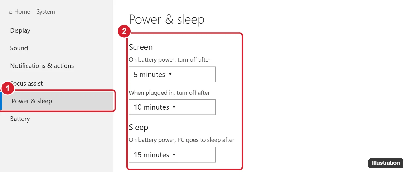 How to Adjust Power and Sleep Settings in Windows 10 1 Windows 10 Power and sleep settings with the Screen and Sleep dropdowns highlighted