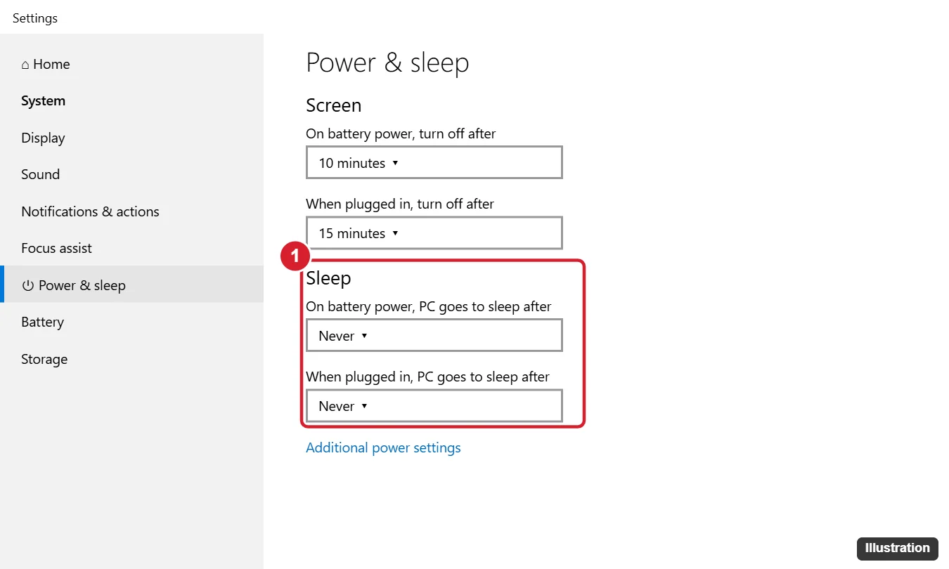 How to Make Your Computer Not Sleep in Windows 10 1 Windows 10 Power and sleep settings with the Sleep drop-downs set to Never on battery and when plugged in