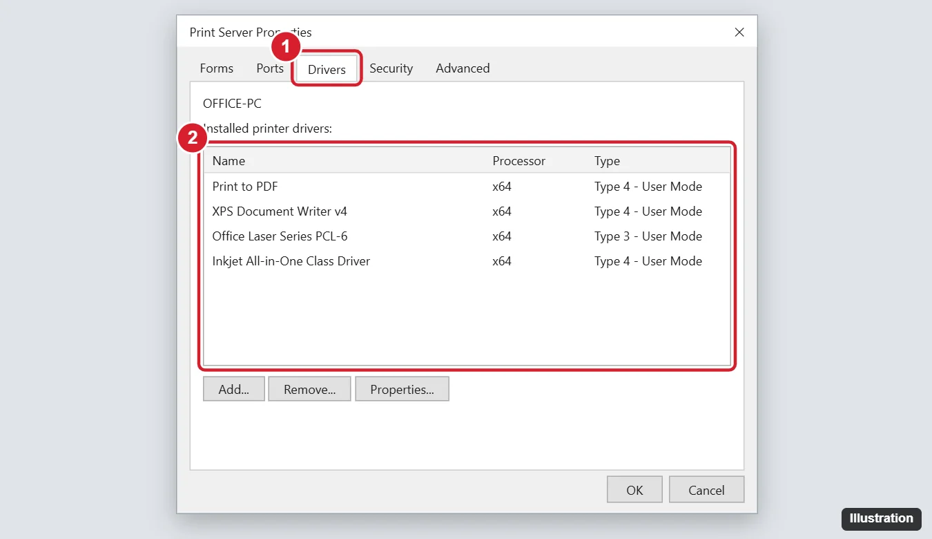 How to View Installed Printer Drivers in Windows 10 1 Windows 10 Print Server Properties dialog on the Drivers tab listing installed printer drivers