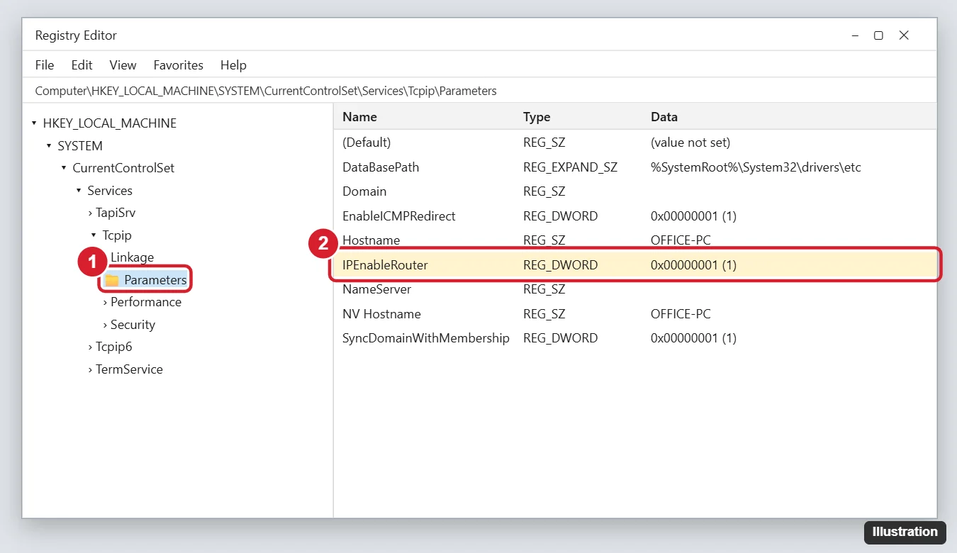 How to Enable IP Routing in Windows 10: A Step-by-Step Guide 1 Windows 10 Registry Editor at the Tcpip Parameters key with the IPEnableRouter value set to 1 highlighted