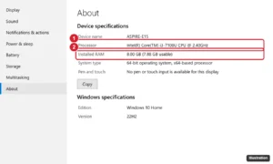 Windows 10 Settings About page showing device specifications with processor and installed RAM highlighted