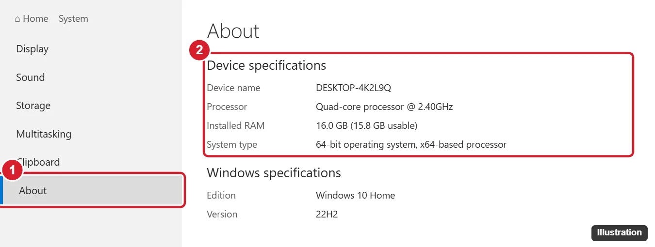 Windows 10 Settings About page with Device specifications including processor and installed RAM highlighted