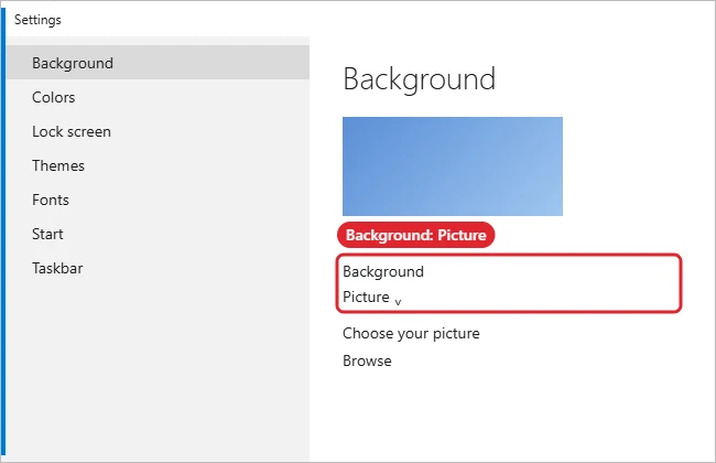 Windows 10 Settings Background page with the Background drop-down set to Picture highlighted