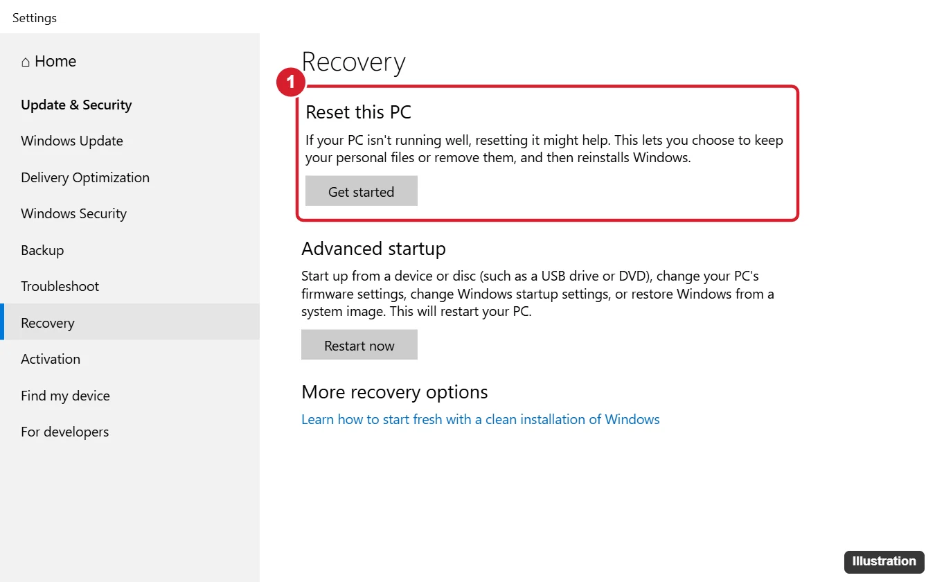 How to Restore Windows 10 to Factory Settings 1 Windows 10 Settings Update and Security Recovery page with the Reset this PC section and Get started button highlighted