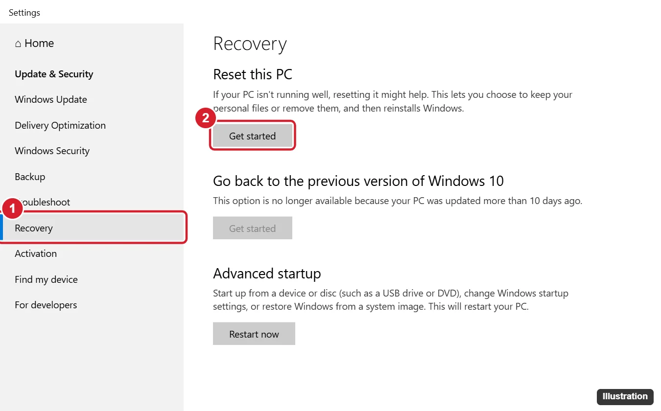Windows 10 Settings Update and Security Recovery page with the Recovery tab and the Reset this PC Get started button highlighted