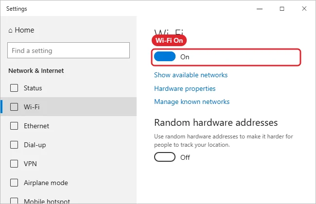 How to Turn On Wi-Fi on an ASUS Laptop (Windows 10) 1 Windows 10 Settings Network and Internet Wi-Fi page with the Wi-Fi toggle turned on