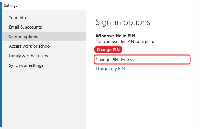 Windows 10 Sign-in options with the Change PIN button highlighted