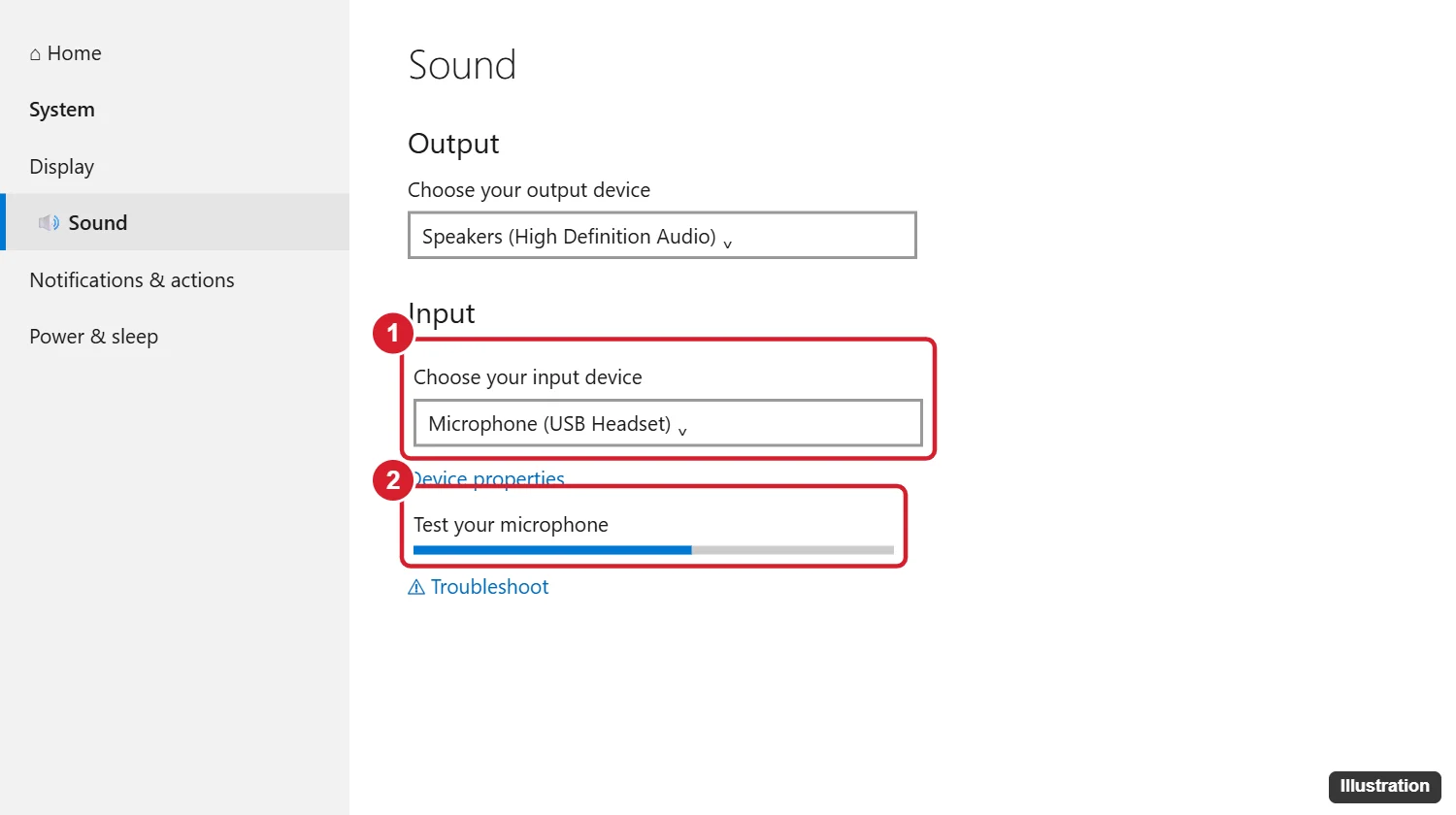 How to Test Your Microphone on Windows 10 1 Windows 10 Sound settings Input section with the input device menu and the Test your microphone level bar highlighted