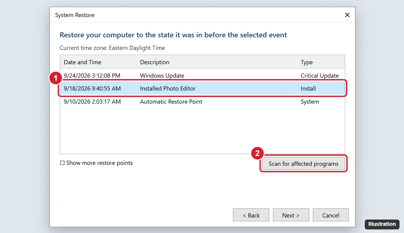 Windows 10 System Restore window listing restore points with one selected and the Scan for affected programs button highlighted