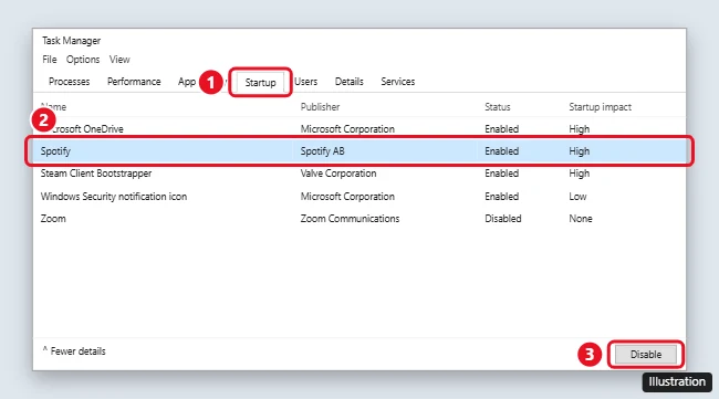 Windows 10 Task Manager Startup tab listing apps with status and startup impact, with one app selected and the Disable button highlighted