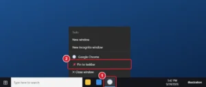 Windows 10 taskbar with the Chrome jump list open and Pin to taskbar highlighted