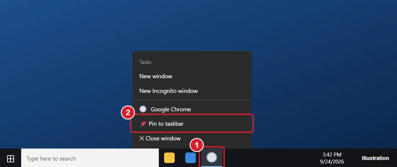 Windows 10 taskbar with the Chrome jump list open and Pin to taskbar highlighted