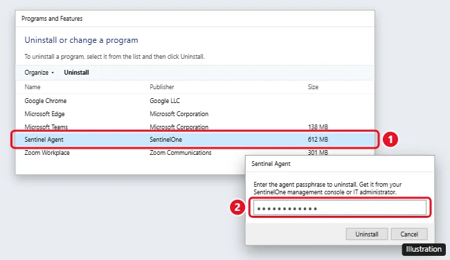 Windows 10 Programs and Features with Sentinel Agent selected and a passphrase prompt for uninstalling