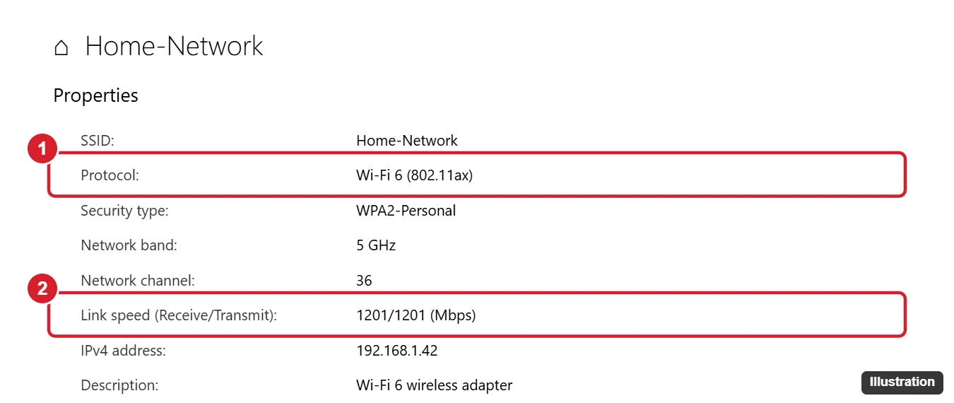 How to Enable Wi-Fi 6 on Windows 10 (and Check That It’s Working) 1 Windows 10 Wi-Fi network properties with Protocol shown as Wi-Fi 6 (802.11ax) highlighted