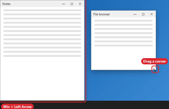 How to Resize Windows in Windows 10 (Mouse, Snap, Keyboard) 1 Windows 10 desktop with a window being resized from its corner and another window snapped to the left half