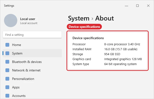 How to Find Computer Specs in Windows 11 1 Windows 11 About page with Device specifications highlighted