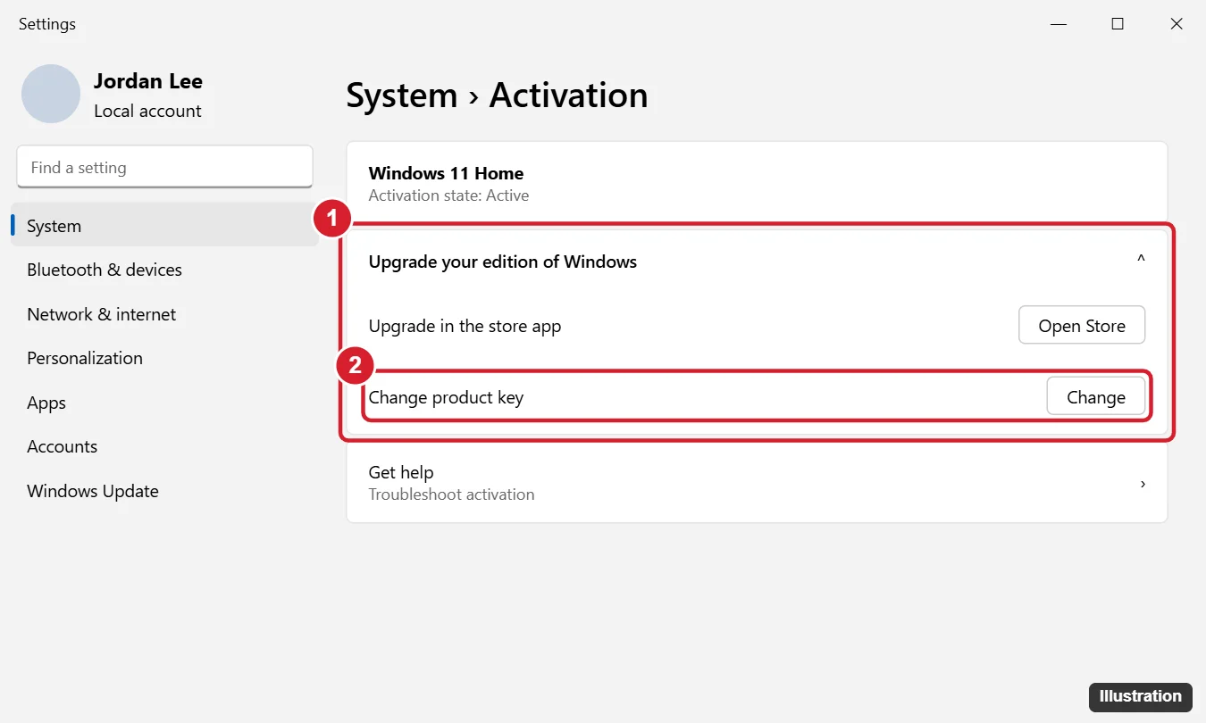 How to Upgrade Windows 11 Home to Pro (Without Reinstalling) 1 Windows 11 Settings Activation page with Upgrade your edition of Windows expanded and the Change product key and Upgrade options highlighted
