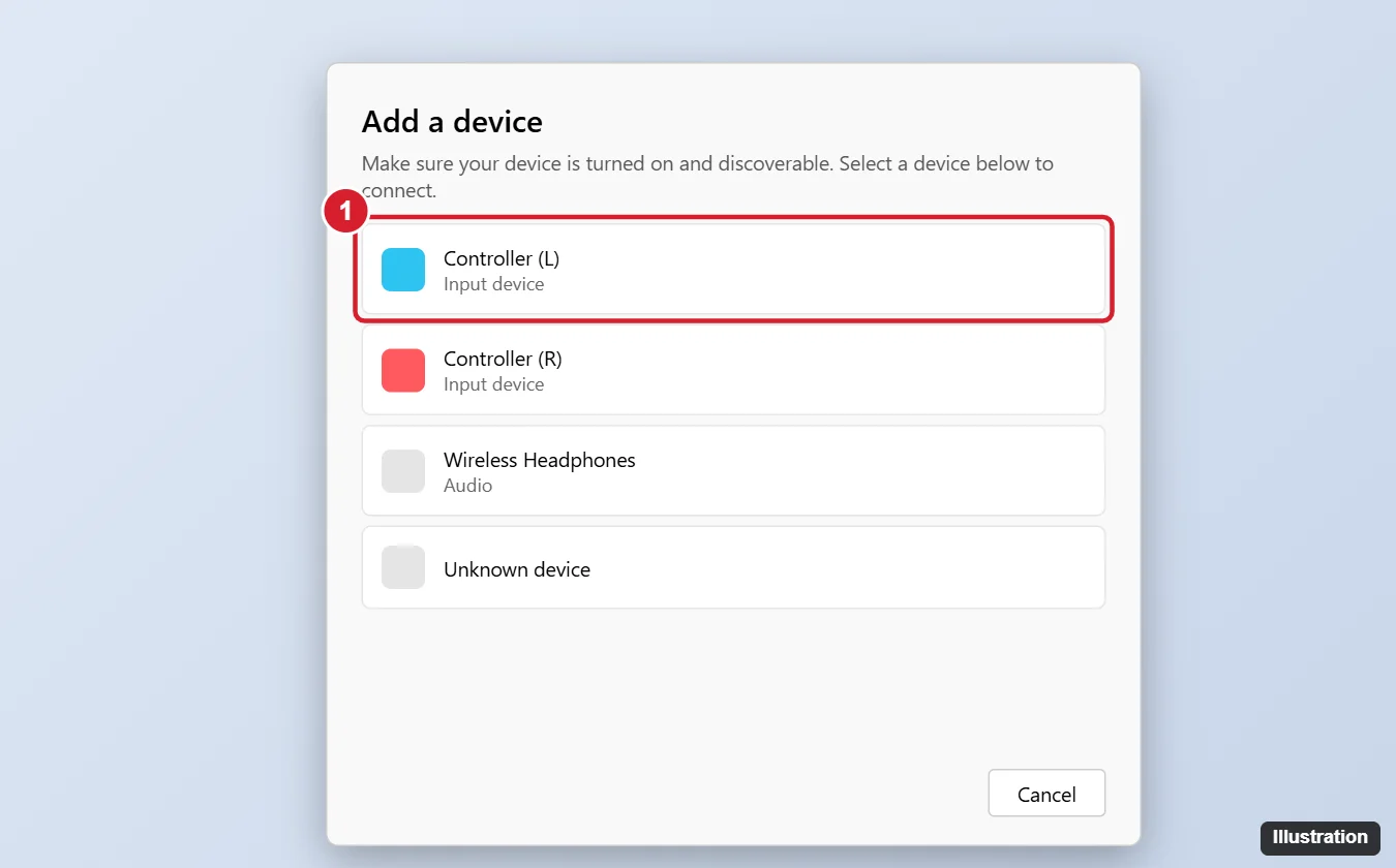 How to Connect Joy-Cons to a Windows 11 PC 1 Windows 11 Add a device dialog listing found Bluetooth devices with a left game controller highlighted