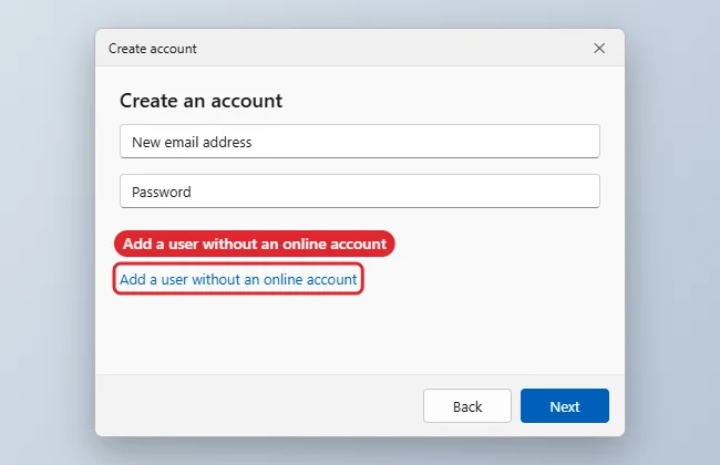 Windows 11 create account dialog with the Add a user without a Microsoft account option highlighted