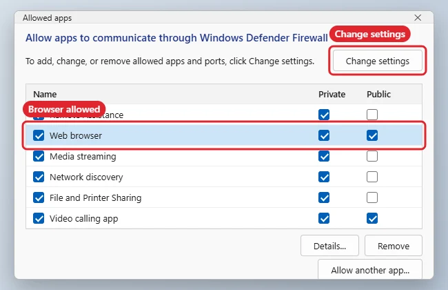 How to Allow a Website Through the Firewall in Windows 11 1 Windows 11 Allowed apps firewall window with a web browser checked for Private and Public networks