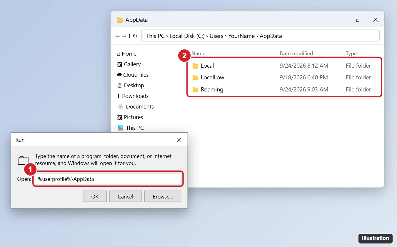How to Find the AppData Folder in Windows 11 (4 Easy Ways) 1 Windows 11 Run dialog with the AppData path typed and File Explorer showing the AppData folder with Local, LocalLow, and Roaming