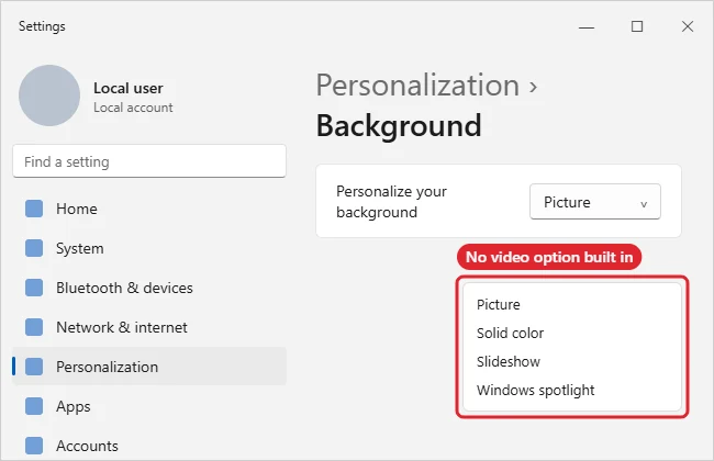 Windows Settings Background drop-down listing Picture, Solid color, Slideshow and Windows spotlight, highlighted