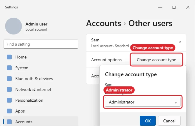 How to Give an Account Administrator Rights in Windows 11 1 Windows 11 Change account type dialog over the Other users page with Administrator selected