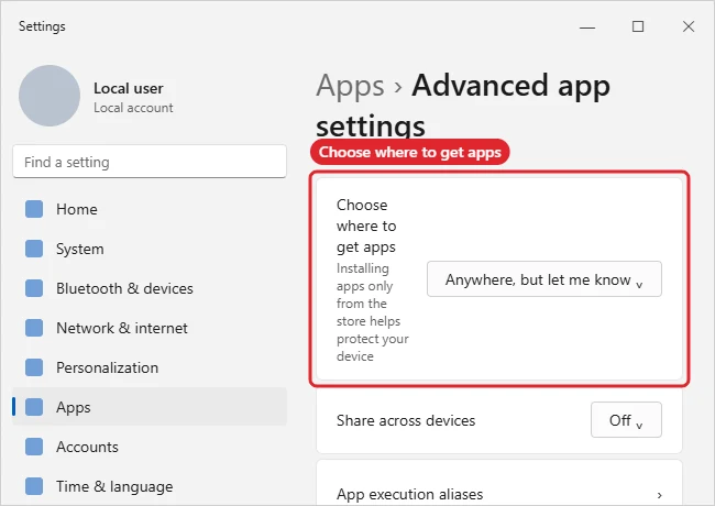 Advanced app settings with the Choose where to get apps drop-down highlighted