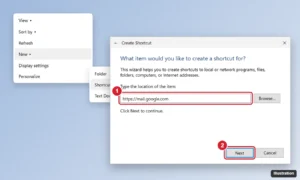 Windows 11 Create Shortcut wizard with a web mail address typed in the location box and the Next button highlighted