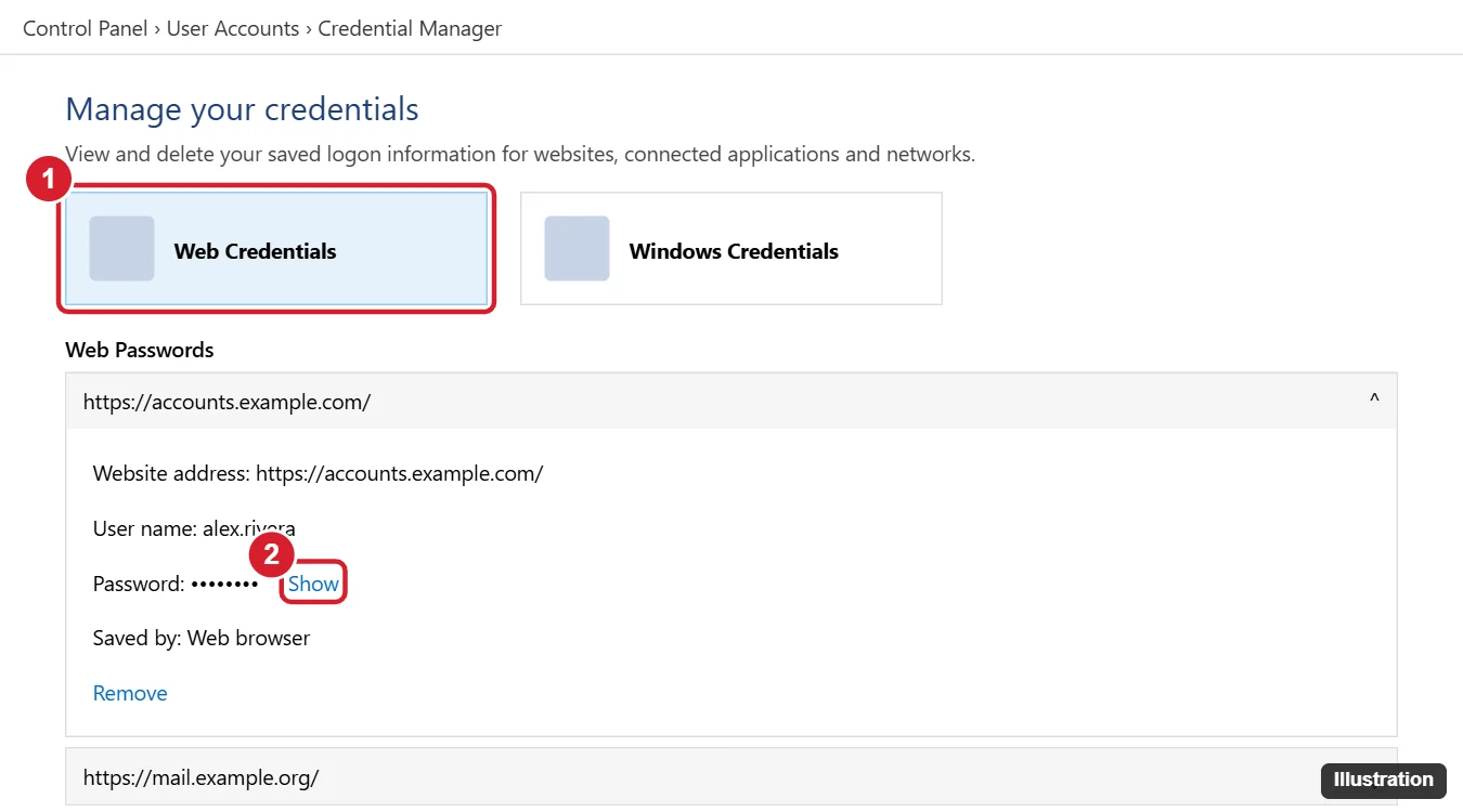 Windows 11 Credential Manager with Web Credentials selected and a saved sign-in expanded to show the Show password link