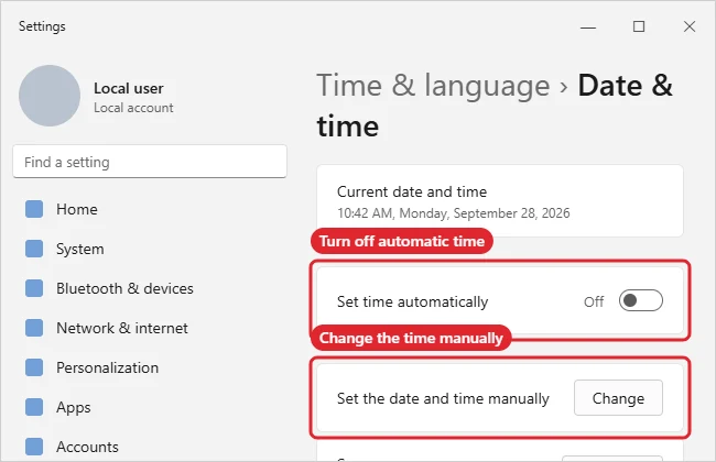 How to Change the Time on Windows 11 1 Date and time settings page with Set time automatically turned off and the Change button highlighted