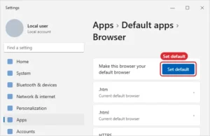 Windows 11 Default apps page for a web browser with the Set default button highlighted