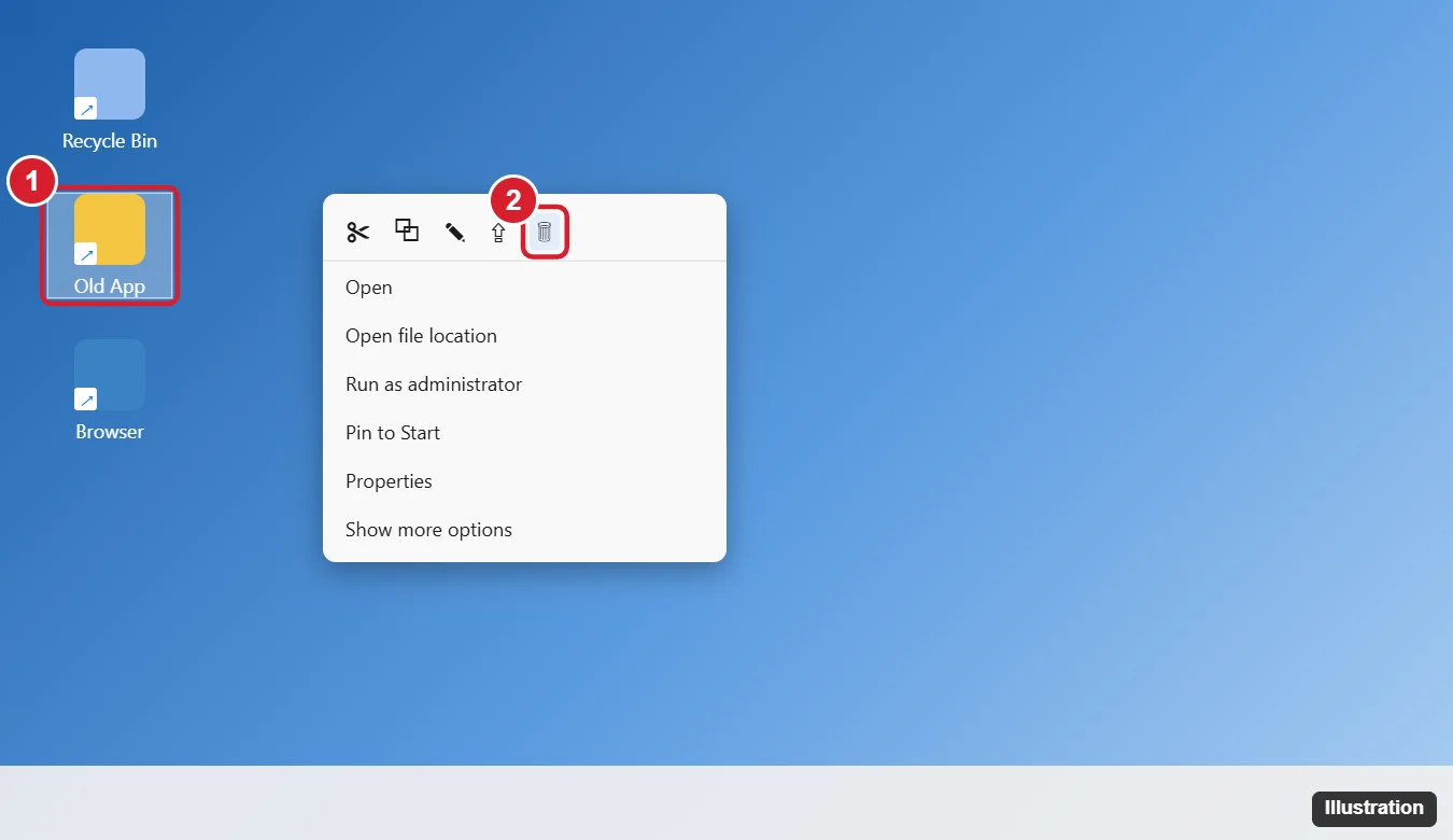 How to Remove Shortcuts From the Desktop in Windows 11: A Step-by-Step Guide 1 Windows 11 desktop with a shortcut selected and its right-click menu showing the Delete trash can icon highlighted