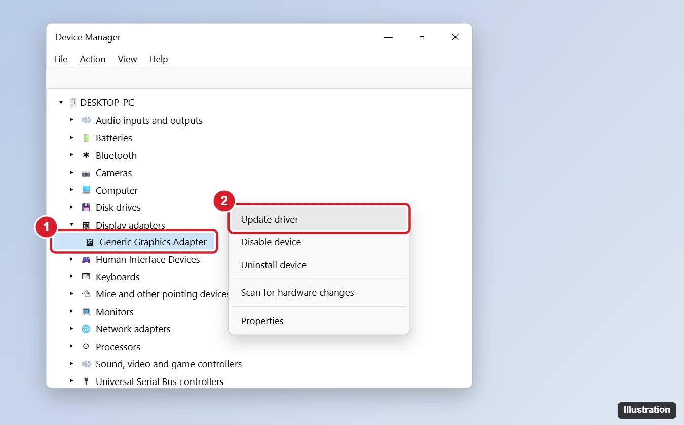 How to Update Drivers in Windows 11 (5 Safe Methods) 1 Windows 11 Device Manager with a display adapter right-clicked and Update driver highlighted