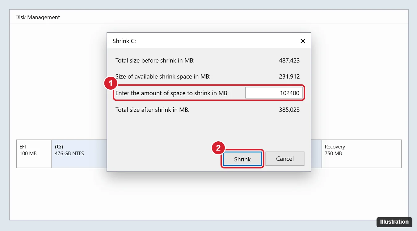How to Dual Boot Windows 11 (With Linux or Another Windows) 1 Windows 11 Disk Management Shrink C: dialog with the amount of space to shrink entered and the Shrink button highlighted